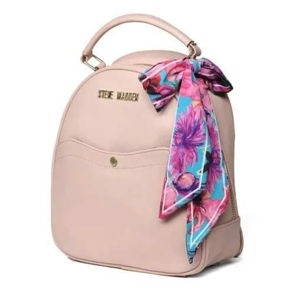 Steve Madden Blush Pink Faux Leather Mini Backpack Floral Scarf Accent Gold Tone
